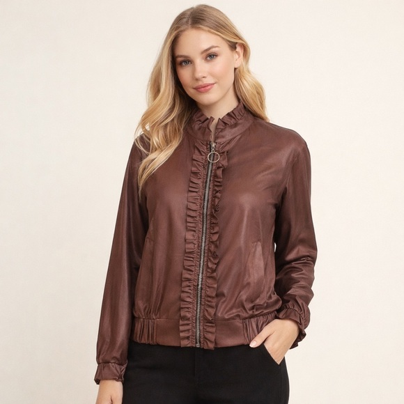 Jeff Gallano Jackets & Blazers - Jeff Gallano Paris Brown Ruffle Zip Jacket Y2K Made in France Size 1 Size Medium